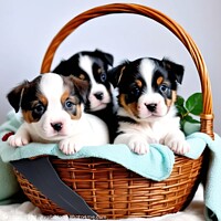 Buy canvas prints of Adorable puppies in a wicker basket. by Joaquin Corbalan