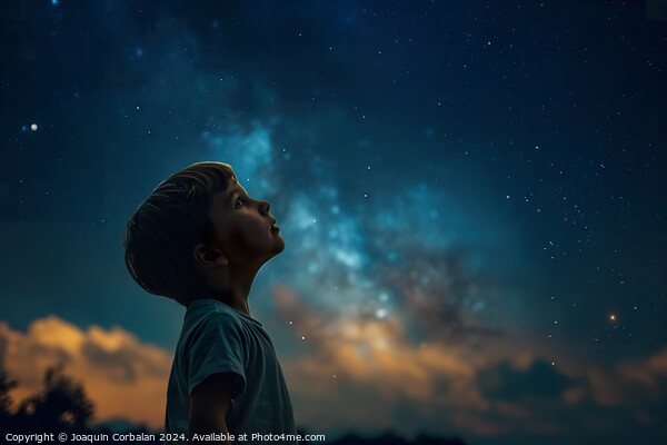 Child marvels at the beautiful starry sky on a sta Picture Board by Joaquin Corbalan