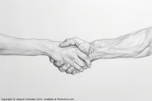 Pencil illustration on a white background of two hands shaking, showing support and help in difficult times. Picture Board by Joaquin Corbalan