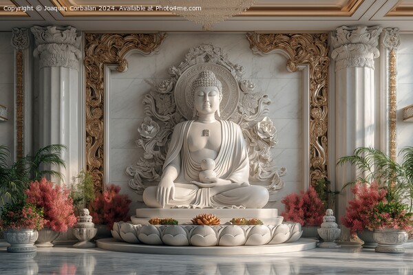 Buddha statue in white marble, with flower offerin Picture Board by Joaquin Corbalan