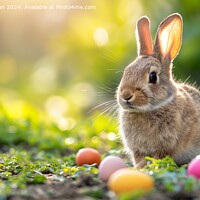 Buy canvas prints of A nice bunny in the field has found Easter eggs on by Joaquin Corbalan