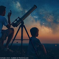Buy canvas prints of Boy and his father observe the night sky with a te by Joaquin Corbalan