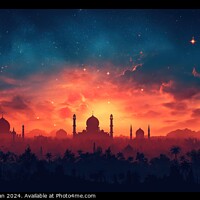 Buy canvas prints of Drawing with the silhouette of an Arab city, at dusk, banner to celebrate Ramadan. by Joaquin Corbalan