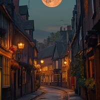 Buy canvas prints of A stunning photo capturing the moment a full moon rises above a bustling city street in Shambles, York North. by Joaquin Corbalan