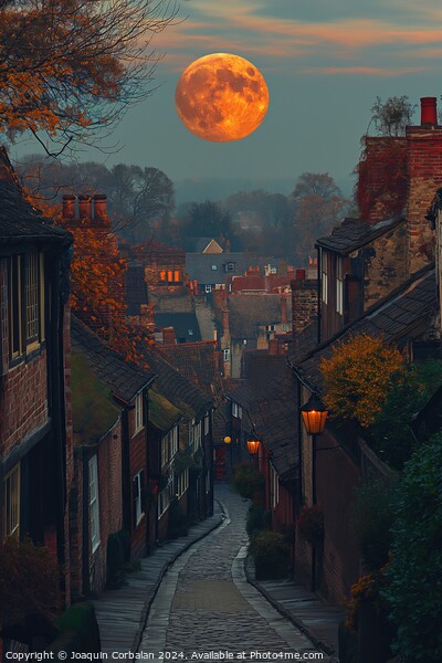 Full Moon Rises Over Street in Small Town Picture Board by Joaquin Corbalan