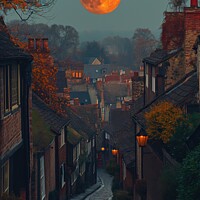 Buy canvas prints of Full Moon Rises Over Street in Small Town by Joaquin Corbalan
