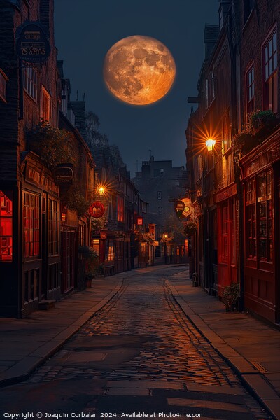 A full moon illuminates the streets of the historic Shambles in York North, casting a soft glow on the old buildings and cobblestone streets. Picture Board by Joaquin Corbalan
