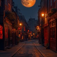 Buy canvas prints of A full moon illuminates the streets of the historic Shambles in York North, casting a soft glow on the old buildings and cobblestone streets. by Joaquin Corbalan