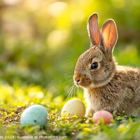 Buy canvas prints of A furry rabbit watches over the Easter eggs on the by Joaquin Corbalan