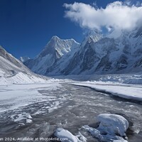 Buy canvas prints of Nepalese glacier in spring, melting snow between high snowy mountains. by Joaquin Corbalan
