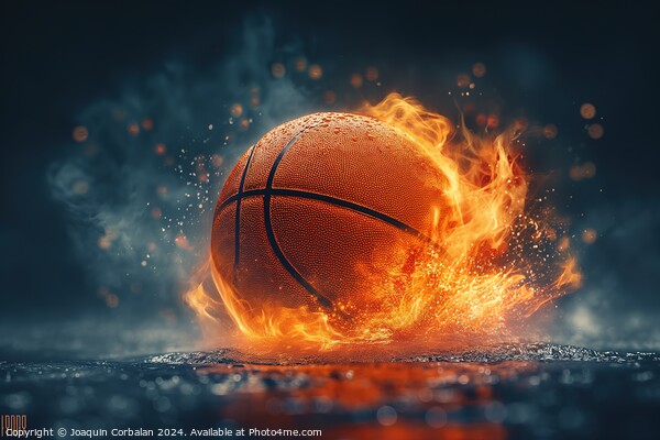 A basketball engulfed in flames stands out against Picture Board by Joaquin Corbalan