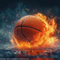 Buy canvas prints of A basketball engulfed in flames stands out against by Joaquin Corbalan