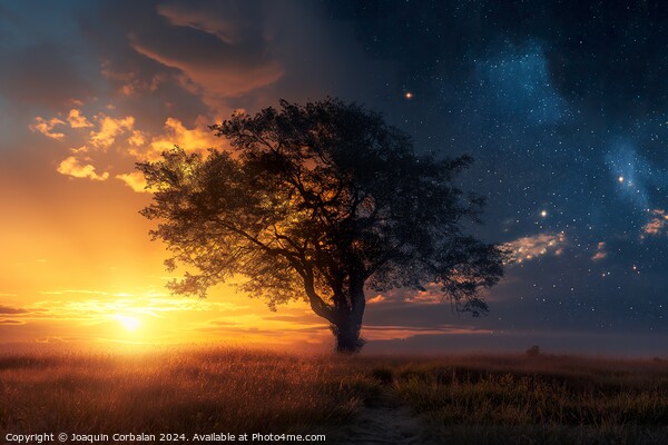 A lone tree stands in a field as the sun sets, cas Picture Board by Joaquin Corbalan