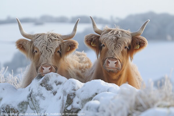 Two graceful Highland cattle stand side by side in Picture Board by Joaquin Corbalan