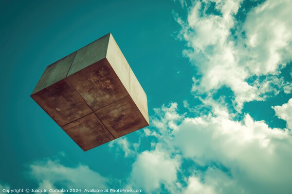 A surreal photograph capturing a square object seemingly defying gravity as it hovers effortlessly against a backdrop of boundless blue skies. Picture Board by Joaquin Corbalan