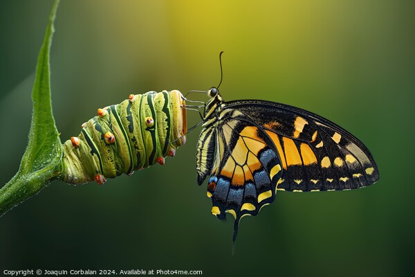 A colorful butterfly sitting on a vibrant green pl Picture Board by Joaquin Corbalan