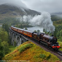 Buy canvas prints of Jacobite Express, A train is seen traveling over a bridge on a cloudy day, with its engines and carriages visible, creating a dynamic scene. by Joaquin Corbalan