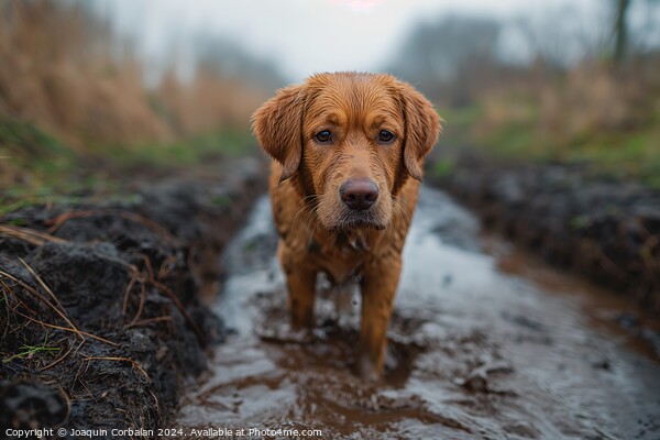 A brown dog standing on top of a muddy road, looki Picture Board by Joaquin Corbalan