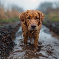 Buy canvas prints of A brown dog standing on top of a muddy road, looki by Joaquin Corbalan