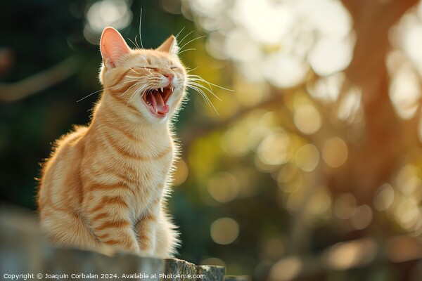 A cat sits on a fence and yawns, displaying its re Picture Board by Joaquin Corbalan