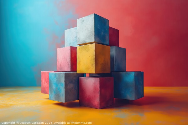 A painting showcasing cubes artfully stacked on to Picture Board by Joaquin Corbalan