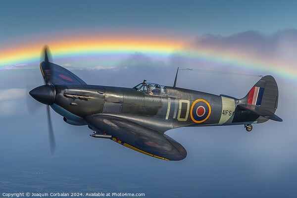 A spitfire flies through the sky with a vivid rain Picture Board by Joaquin Corbalan