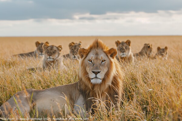 A lion lays in the middle of a field, taking a bre Picture Board by Joaquin Corbalan