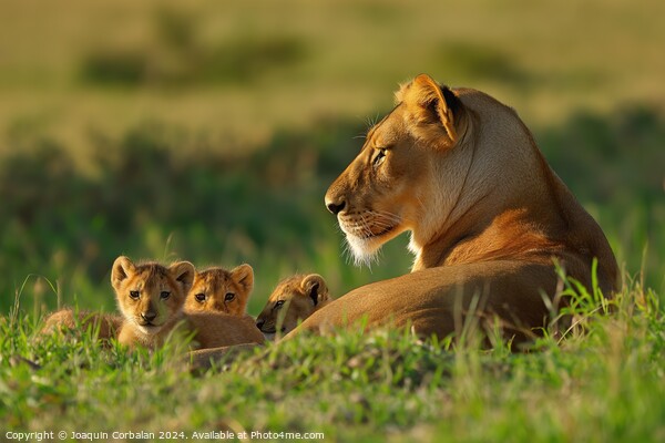A mother lion and her cubs relax in the grass, bas Picture Board by Joaquin Corbalan