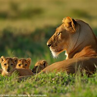 Buy canvas prints of A mother lion and her cubs relax in the grass, bas by Joaquin Corbalan
