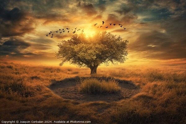 A tree standing in a field with birds flying over  Picture Board by Joaquin Corbalan
