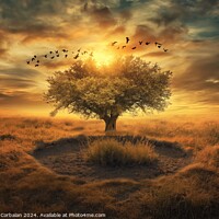 Buy canvas prints of A tree standing in a field with birds flying over  by Joaquin Corbalan