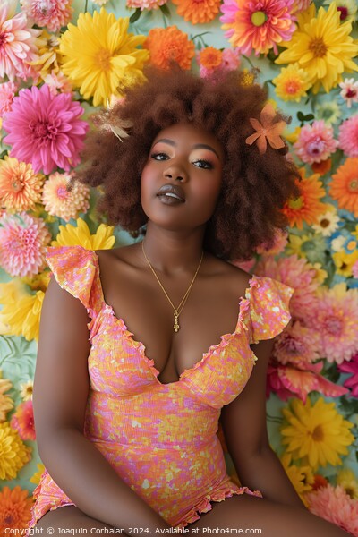A afro woman sits in front of a flower wall, surrounded by colorful blooms. Picture Board by Joaquin Corbalan