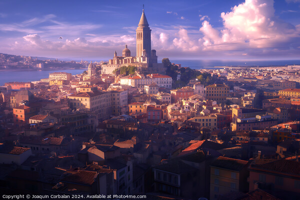 A view of a city with a prominent church tower rising above the urban landscape. Picture Board by Joaquin Corbalan