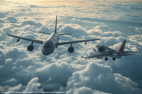 Two military planes, one transport and one escorting fighter, flying in the air. Picture Board by Joaquin Corbalan