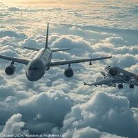 Buy canvas prints of Two military planes, one transport and one escorting fighter, flying in the air. by Joaquin Corbalan