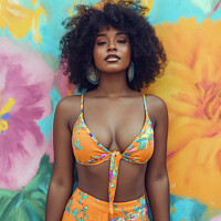 Buy canvas prints of A afro woman wearing a bikini top and shorts stands confidently in front of a vibrant flower wall.; by Joaquin Corbalan