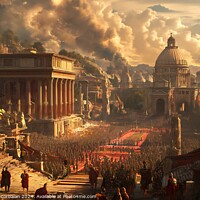 Buy canvas prints of A realistic painting showcasing a Roman city amidst crumbling ruins, offering a glimpse into the historical past. by Joaquin Corbalan
