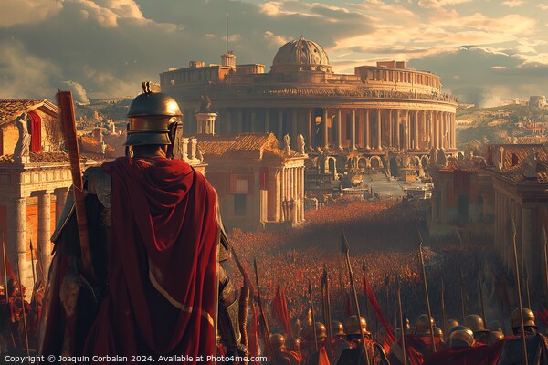 A Roman soldier stands proudly, portraying strength and authority, in front of a bustling city. Picture Board by Joaquin Corbalan