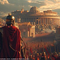 Buy canvas prints of A Roman soldier stands proudly, portraying strength and authority, in front of a bustling city. by Joaquin Corbalan