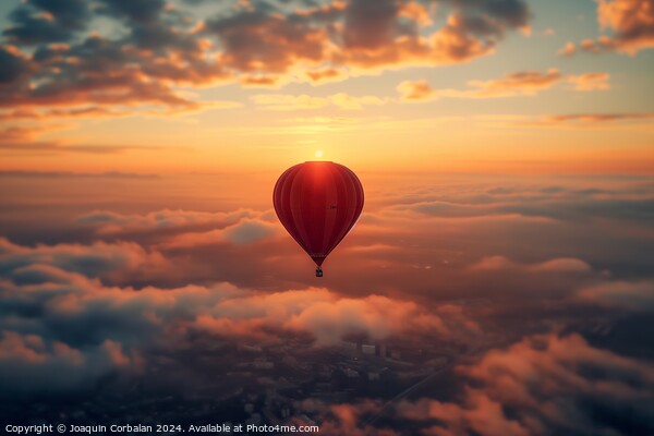 A wonderful trip in a red balloon over the clouds at sunset, copy space. Picture Board by Joaquin Corbalan
