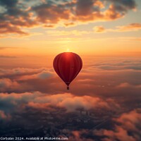 Buy canvas prints of A wonderful trip in a red balloon over the clouds at sunset, copy space. by Joaquin Corbalan