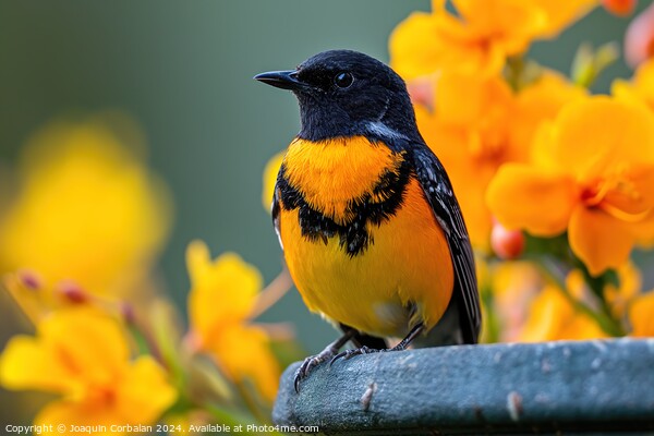 A yellow and black bird confidently sits on top of a sturdy metal fence. Picture Board by Joaquin Corbalan