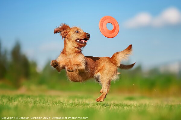 A dog leaps into the air, displaying impressive agility, as it catches a frisbee mid-flight. Picture Board by Joaquin Corbalan