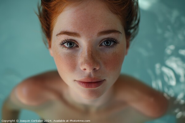 A woman with vibrant red hair and striking blue eyes is swimming and relaxing in a pool. Picture Board by Joaquin Corbalan