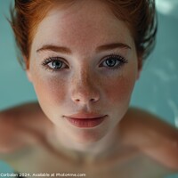 Buy canvas prints of A woman with vibrant red hair and striking blue eyes is swimming and relaxing in a pool. by Joaquin Corbalan