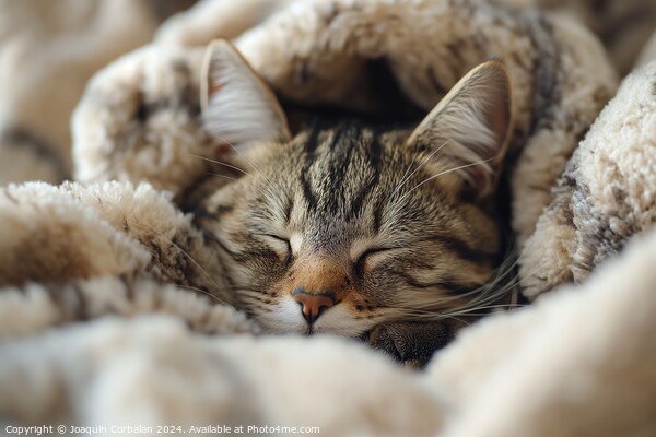 A cat peacefully sleeps on top of a bed, wrapped in a cozy blanket. Picture Board by Joaquin Corbalan