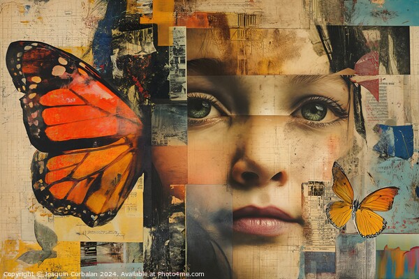 A stunning collage of a woman adorned with vibrant butterfly on her head, creating a harmonious fusion of human and natural beauty. Picture Board by Joaquin Corbalan