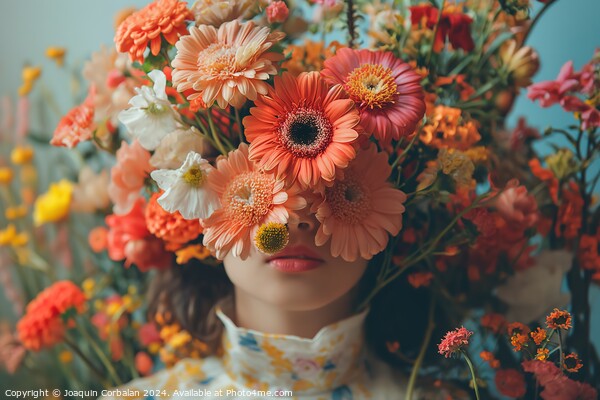 A woman wearing a crown made of colorful flowers, showcasing her unique style and love for nature. Picture Board by Joaquin Corbalan