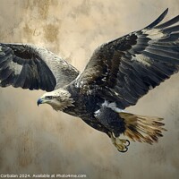 Buy canvas prints of A detailed painting capturing the powerful flight of a golden eagle against a dark gray backdrop. by Joaquin Corbalan