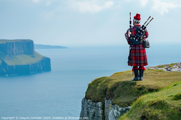 A traditional Scottish bagpiper, in full dress, near a cliff. Picture Board by Joaquin Corbalan